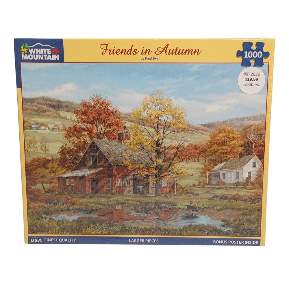 Friends In Autumn Country‎ Red Barn Pond Fall Fred Swan 1000 pc 24" X 30" Puzzle